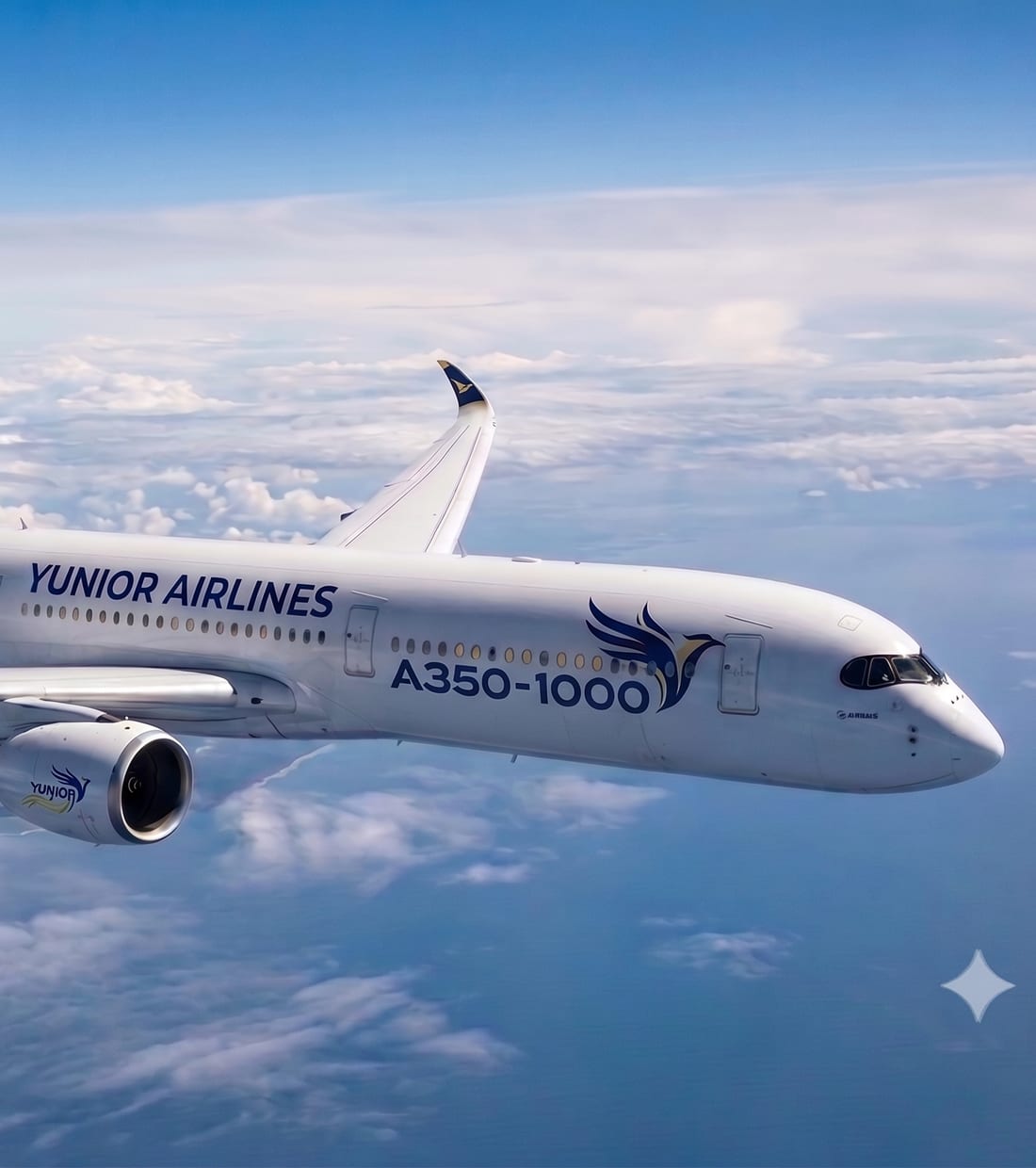 A Garuda Indonesia Yunior Airbus A350-1000 ULR in flight above the clouds